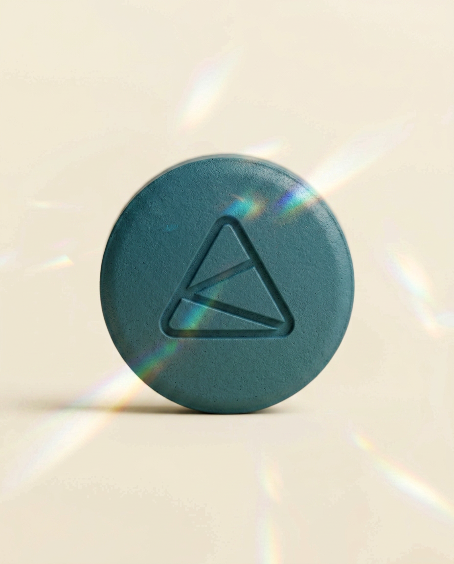 A single round Prism sublingual tablet with a prism-mark logo on an ivory surface, refracted light — needle-free, room-temperature peptide delivery