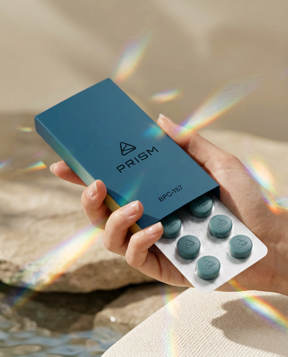 Prism sublingual tablets in a blister pack, held in refracted natural light