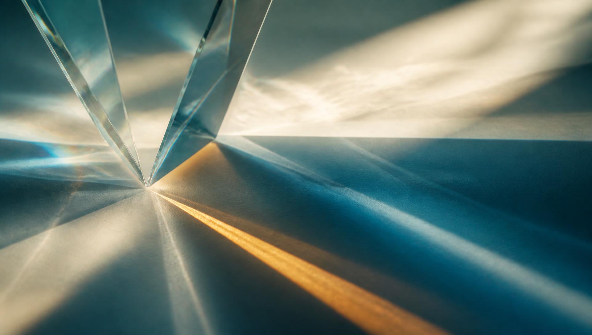 Refractive light passing through a prism in deep teal and warm gold