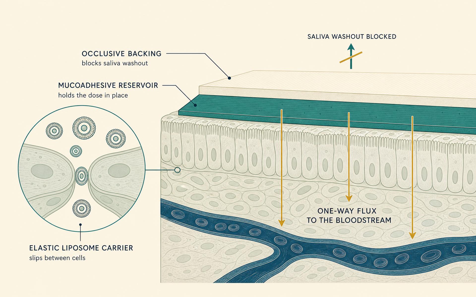 Diagram of the bi-layer sublingual strip: occlusive backing blocking saliva washout, mucoadhesive reservoir holding the dose, and elastic liposome carriers moving between cells toward the bloodstream