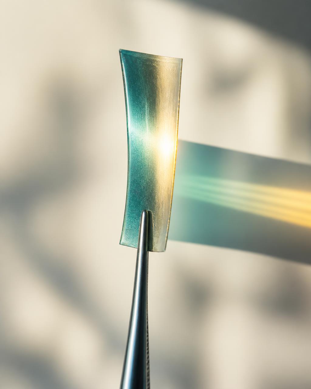 A translucent oral thin film held in forceps, splitting light into a spectrum