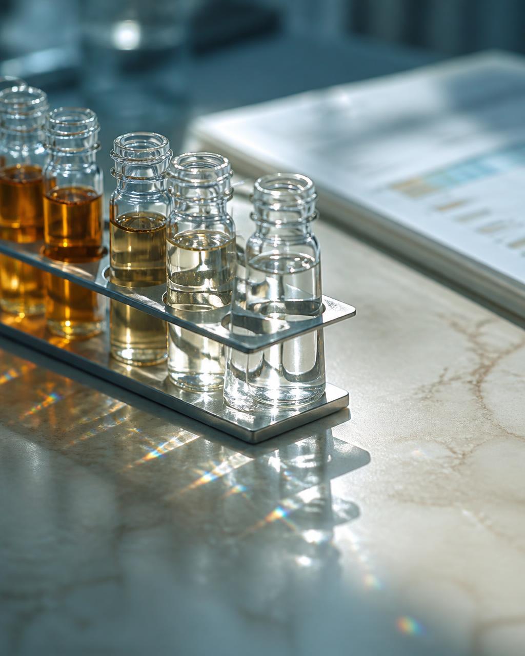 Sample vials in a stainless rack beside a batch analysis sheet